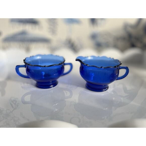 Vintage L.E.Smith Cream & Sugar Set Mount Pleasant Cobalt Blue Glass 1930-40s - Picture 3 of 10